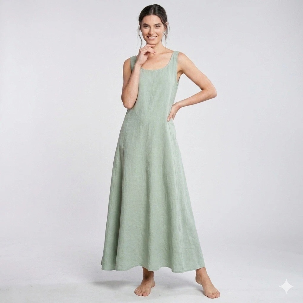 FILOSOFIA Women Dress L Sage Green 100% Linen Lagenlook Coastal Grandmother